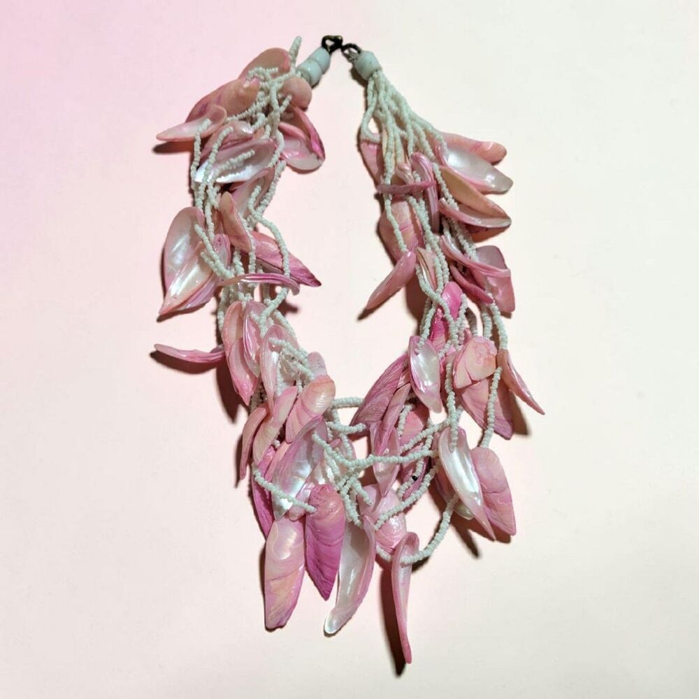 Pink Shell Statement Necklace, Layered Beaded Beach Coastal Mermaidcore Jewelry - Picture 3 of 7